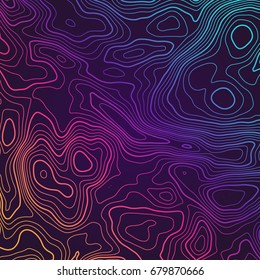 Colored lines in motion on a dark background. Futuristic surface topographic map with space.