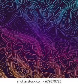 Colored lines in motion on a dark background. Futuristic surface topographic map with space.