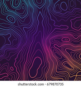 Colored lines in motion on a dark background. Futuristic surface topographic map with space.