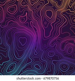 Colored lines in motion on a dark background. Futuristic surface topographic map with space.