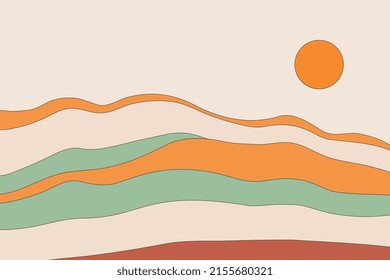 Colored lines of mountains. Small orange circle design background. Landscape composition in trendy art