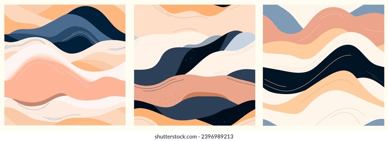 Colored lines and waves in pastel and soothing colors. Set eamless backgrounds in Japanese style. Abstract pattern for textil and fabric