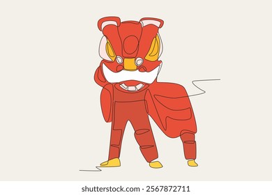 Colored lion dances concept one-line drawing