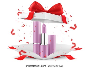 Colored Lipsticks, lip glosses inside open gift box, isolated on white background. White gift box with cosmetic items. Present, Gift, Surprise concept. 3D rendering Realistic vector illustration