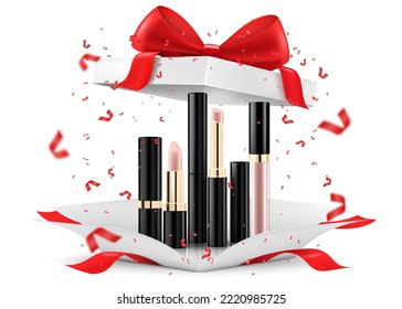 Colored Lipsticks, lip glosses inside open gift box, isolated on white background. White gift box with cosmetic items. Present, Gift, Surprise concept. 3D rendering Realistic vector illustration
