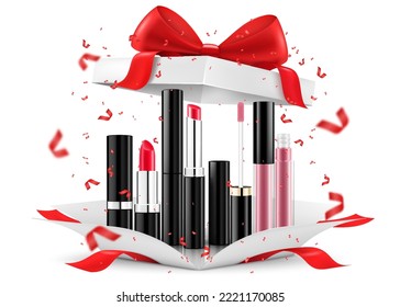 Colored Lipsticks, lip glosses inside open gift box, isolated on white background. White gift box with cosmetic items. Present, Gift, Surprise concept. 3D rendering Realistic vector illustration