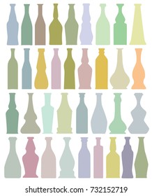 Colored liqueur bottles shapes, arranged in rows, all different shades, on white base