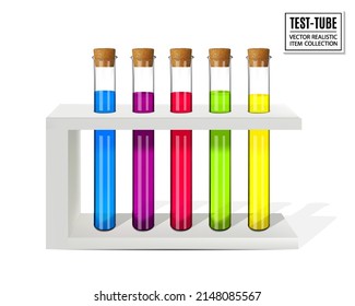 Farbige Flüssigkeiten in fünf Teströhren auf einem Ständer einzeln auf weißem Hintergrund. Realistische Vektorgrafik, 3D-Illustration