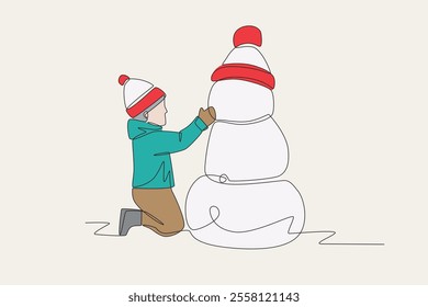 Colored little boy makes a snowman. Children playing in the snow concept one-line drawing