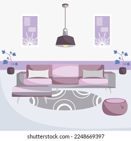 Colored living room with carpet lamp and couch Indoor design Vector