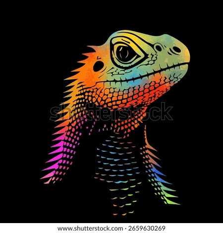colored Lizard head on black background. hand drawing. Not AI, Vector illustration.