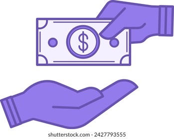Icono de préstamo coloreado. Icono vectorial de la mano humana que da el billete de dólar a otra mano. Crédito Instantáneo, Pago Puntual. Concepto De Negocios Y Finanzas