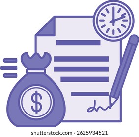 Colored Loan Icon. Vector Illustration. Signed Bank Agreement, Watch, and Money Bag. Receiving Money in Debt, Credit. Personal Finance Concept