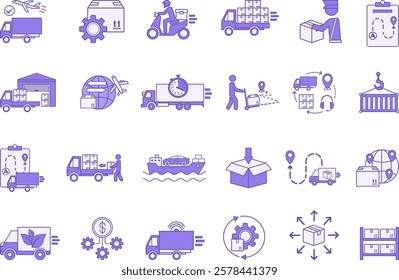 Colored Logistics Icon Set. Vector Icon Delivery, Customs Clearance, Inventory, Loading, Distribution, Packaging, Warehouse, Import, Export, Transportation, Planning, Cargo and Others