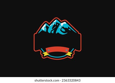 Colored logo emblem of mountain tourist camp. Ribbon for slogan and name brand against backdrop of mountain snowy peaks. Modern vector isolated on black background
