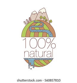 Colored Logotype with inscription 100% natural with mountains, river, fields. Eco cartoon concept for stickers, banners, cards, advertisement. Line Art Vector illustration isolated on white background
