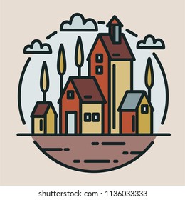 Colored logotype with small village, ranch or organic farm buildings drawn in modern line art style. Circular logo with rural landscape isolated on light background. Creative vector illustration