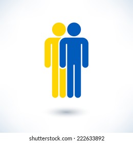 Colored logotype two people painted in colors of National Flag of Ukraine (man figure). Sign with gray shadow isolated on white background. Design elements in vector illustration 8 eps
