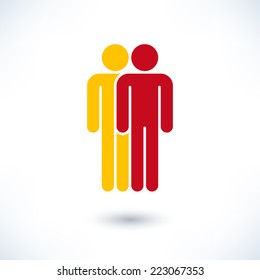 Colored logotype two people painted in colors of National Flag of Spain (man figure). Sign with gray shadow isolated on white background. Design elements in vector illustration 8 eps