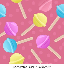 colored lollipops, vector seamless pattern on pink background, sweets