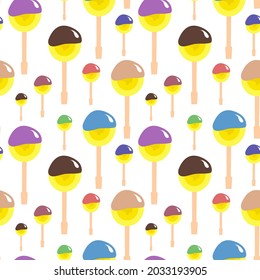 Colored lollypop on stick seamless pattern. Vector lollypop in different colours on stick isolated on white background.