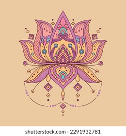 Colored lotus mandala vector illustration. Ayurveda symbol of harmony and balance and the universe. Tattoo design, yoga logo. Boho print, poster, t-shirt textile. Isolated outline vector illustration.