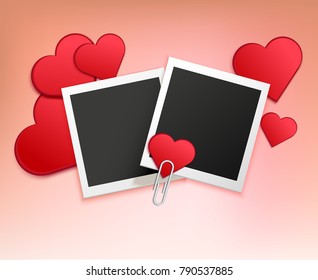 Colored love photo frame composition with two snapping shots with a modern-day instant camera vector illustration