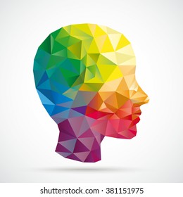 Colored low poly human head on the white background. Eps 10 vector file.