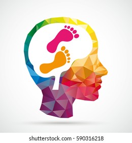 Colored low poly human head with white brain with footprint on the white background. Eps 10 vector file.