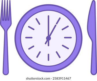 Colored Lunch Icon. Vector Drawing. Clock, Fork, and Knife. Lunch Time. Meal Concept