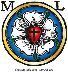 Colored Luther Seal Woodcut, also Luther Rose, symbol for Lutheranism. The components are a black cross in a red heart as symbol of the Holy Trinity, a white rose in a sky-blue field and a golden ring