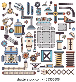 Colored machinery components and spare parts with a stroke in doodle style.