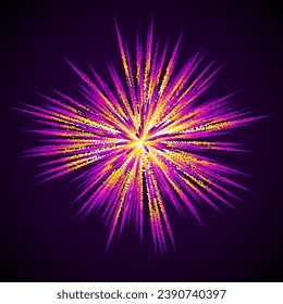 Colored magic explosion of paint dust with particles. Colorful artistic paint splash. Abstract supernova explosion. Big bang. Explosion of purple cloudy dust with dynamic motion. Vector background