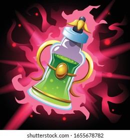 Colored magic potion poison bottle composition with golden glass and green liquid vector illustration