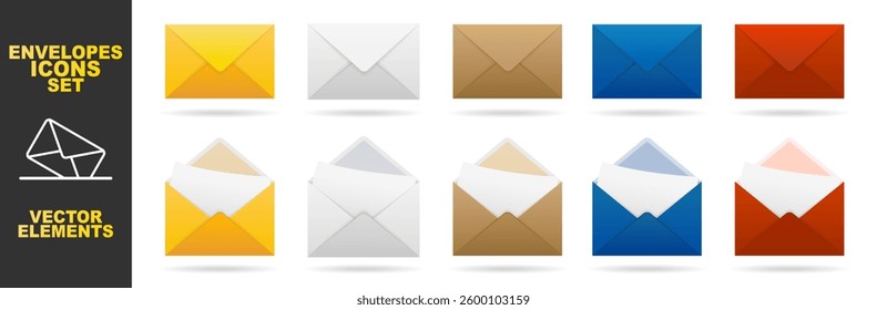 Colored mail envelope icon set on transparent background. White, yellow, red, blue letters. Notification, message or email vector icon set. 