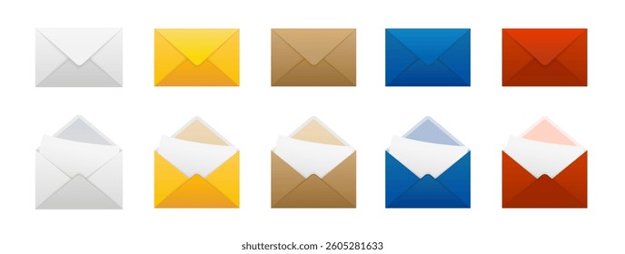 Colored mail envelope icon set on transparent background. White, yellow, red, blue letters. Notification, message or email vector icon set. 
