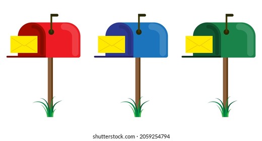 Colored mailbox icon set. Red, blue, green signs. Communication background. Flat style. Vector illustration. Stock image. 