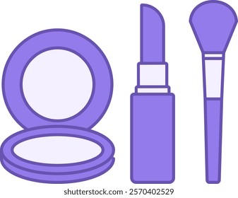 Colored Makeup Icon. Vector Illustration. Powder, Lipstick, and Brush. Accessories, Cosmetic Items. Fashion Concept