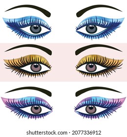 Colored makeup for a party. Beautiful eyes - vector set for design.