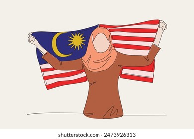 Colored malay woman waving the Malaysian flag. Malaysia independence day concept one-line drawing