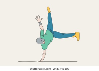 Colored male break dancer standing on one hand. Break dancing concept one-line drawing