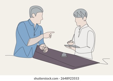 O hóspede macho de cor quer fazer o check-in na recepção. Inscrevendo-se em um desenho de uma linha do conceito de hotel