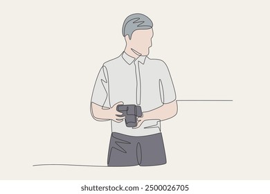 Colored male photographer wants to take photos. World photography day concept one-line drawing