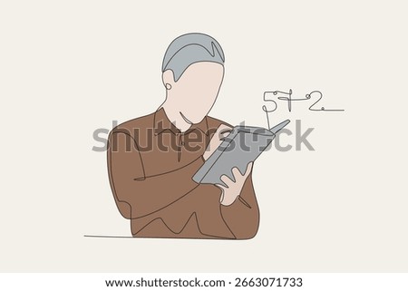 Colored male students working on math problems. Student doing math concept one-line drawing