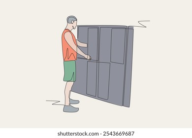 Colored man grabs towel at gym locker. Gym locker concept one-line drawing