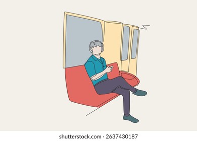 Colored man listening to music on the train. Listening music on train concept one-line drawing