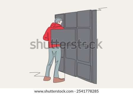Colored man putting things in travel locker. Travel locker concept one-line drawing