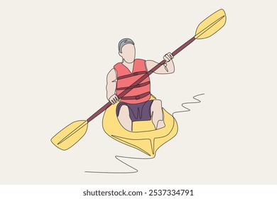 Colored man riding a kayak on the river. Kayak concept one-line drawing