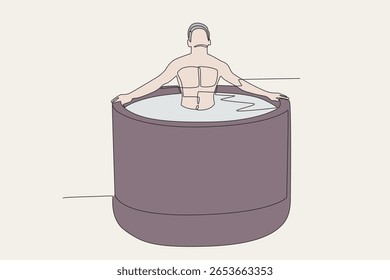 Colored man soaking in the bath for relaxation. Mental health retreats concept one-line drawing