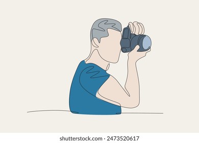 Colored man taking photos. World photography day concept one-line drawing